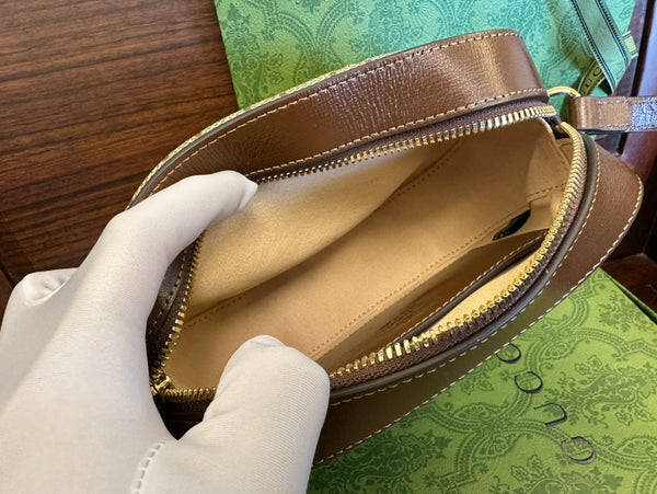 BORSA PICCOLA GG 20 HORSEBIT 1955 IN TELA BEIGE E PELLE DI VITELLO MARRONE