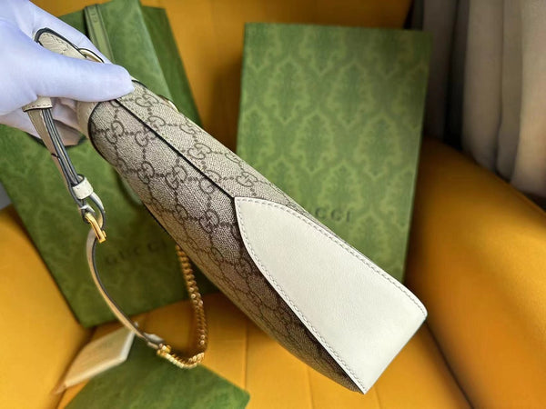 BORSA A TRACOLLA GG PADLOCK 32 IN TELA BEIGE E PELLE DI VITELLO BIANCA