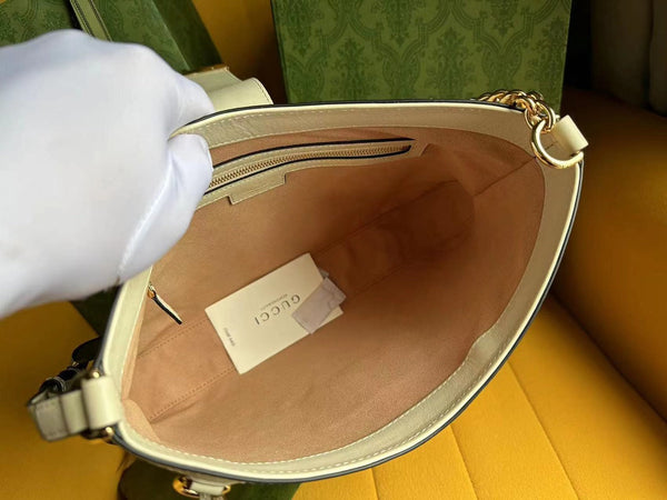 BORSA A TRACOLLA GG PADLOCK 32 IN TELA BEIGE E PELLE DI VITELLO BIANCA