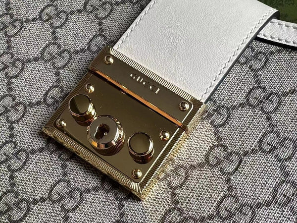 BORSA A TRACOLLA GG PADLOCK 32 IN TELA BEIGE E PELLE DI VITELLO BIANCA