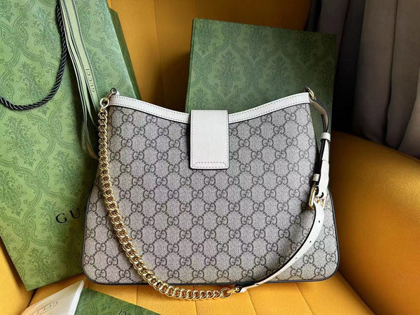 BORSA A TRACOLLA GG PADLOCK 32 IN TELA BEIGE E PELLE DI VITELLO BIANCA