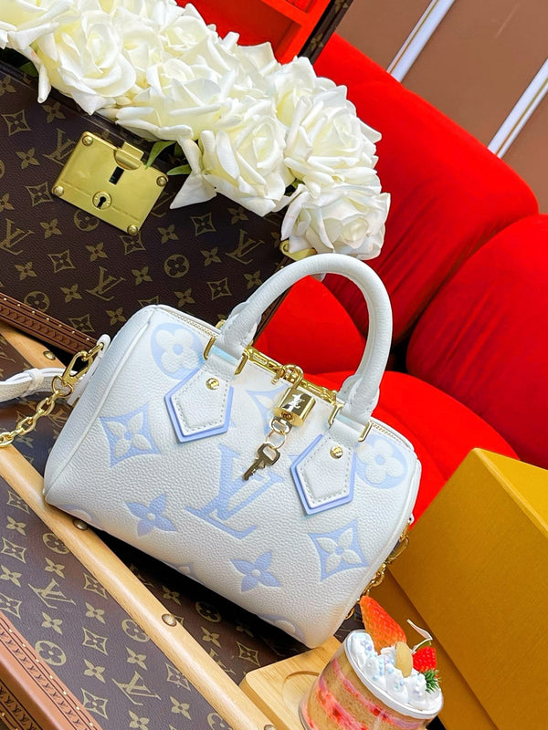 LV Speedy Bandoulière 20 White Blue Monogram Empreinte Leather