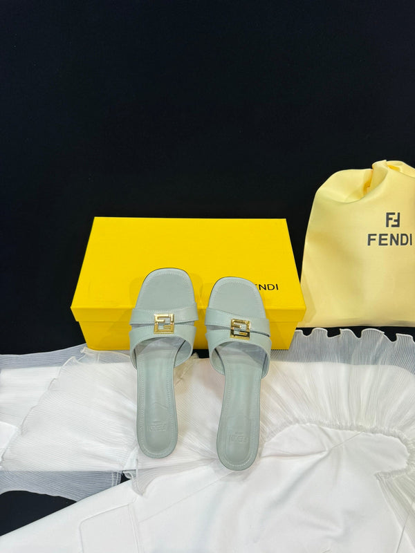 FENDI MEDIUM-HEELED 55 MM MULE IN ASH GREY LAMBSKIN WITH GOLD HARDWARE