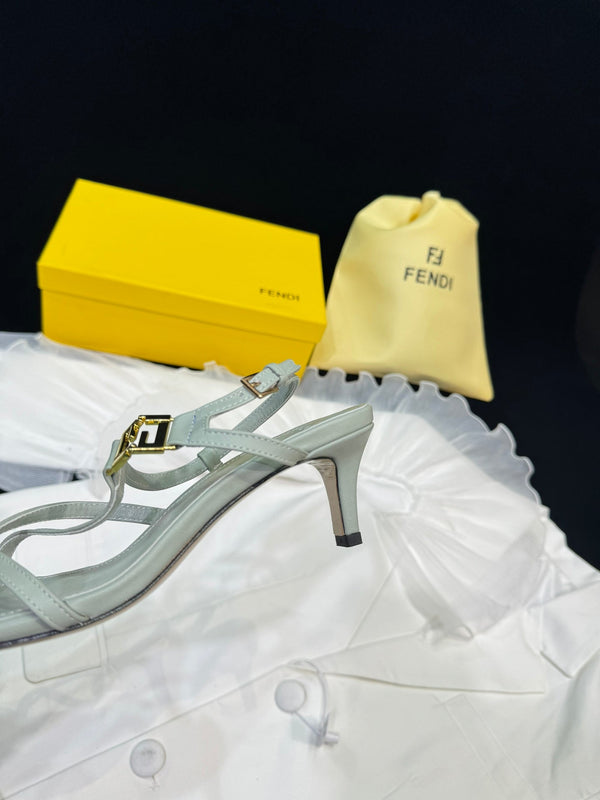 FENDI FFOLD MEDIUM-HEELED 55 MM SANDALS IN ASH GREY LAMBSKIN WITH GOLD HARDWARE