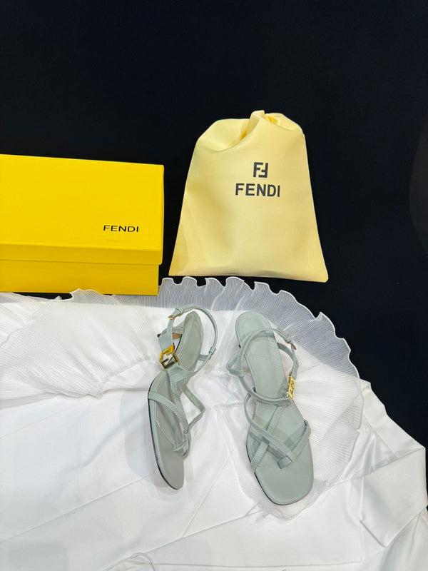 FENDI FFOLD MEDIUM-HEELED 55 MM SANDALS IN ASH GREY LAMBSKIN WITH GOLD HARDWARE