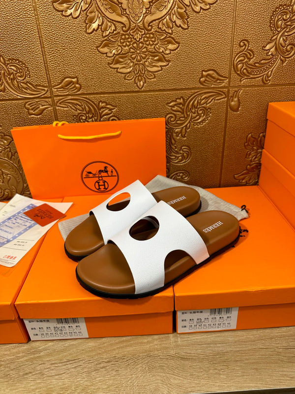 HM CIRCLE CUT SANDAL WHITE AND CARAMEL CALFSKIN