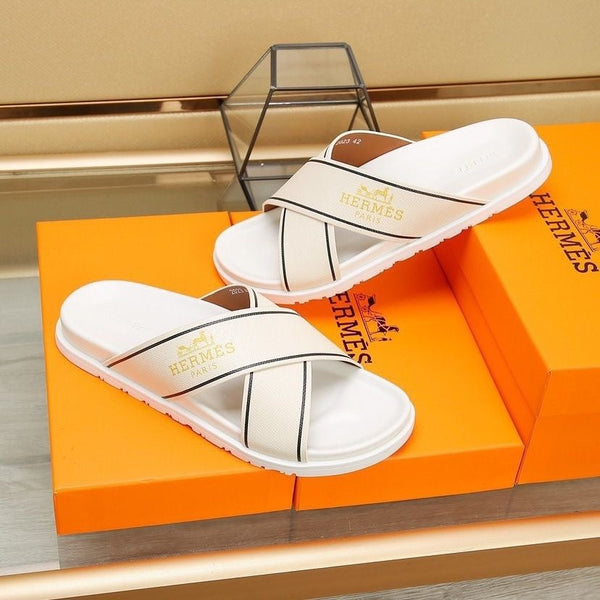 HM Men's Cross Strap Slide Beige Cowhide 544097