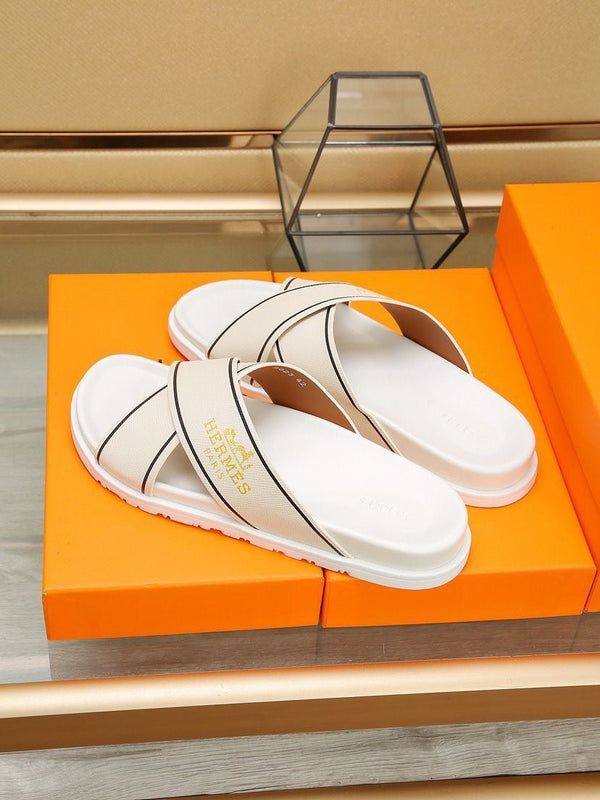 HM Men's Cross Strap Slide Beige Cowhide 544097