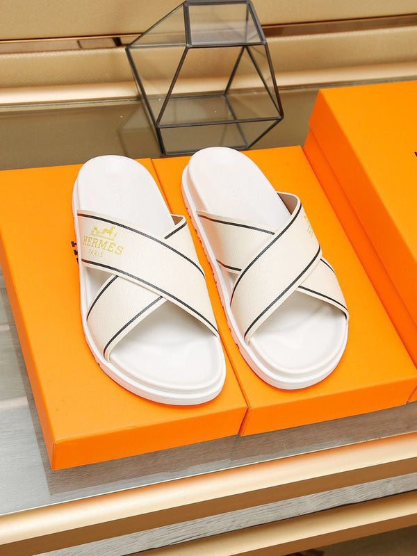 HM Men's Cross Strap Slide Beige Cowhide 544097