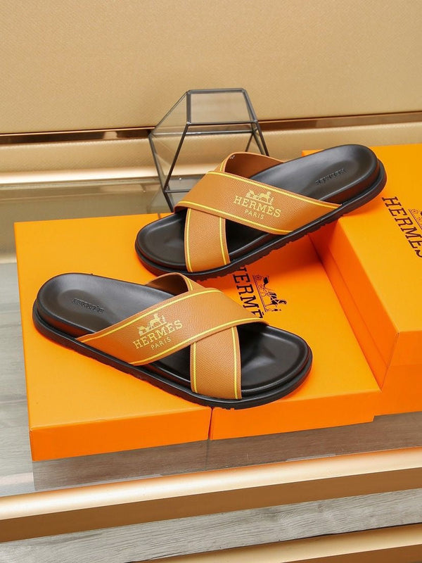HM Men's Cross Strap Slide Orange Cowhide 544098