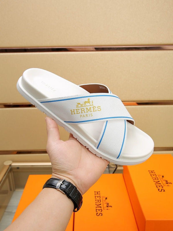 HM Men's Cross Strap Slide White Cowhide 544099