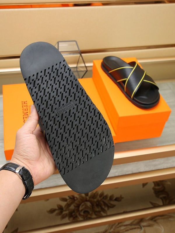 HM Men's Cross Strap Slide Black Cowhide 544100