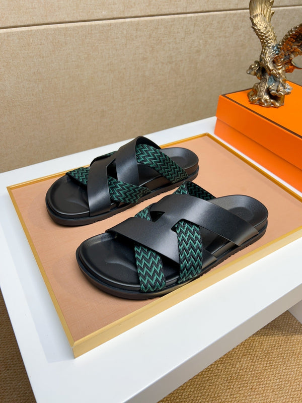 HM Men's Kazimir Sandals Black Green Calfskin 735742