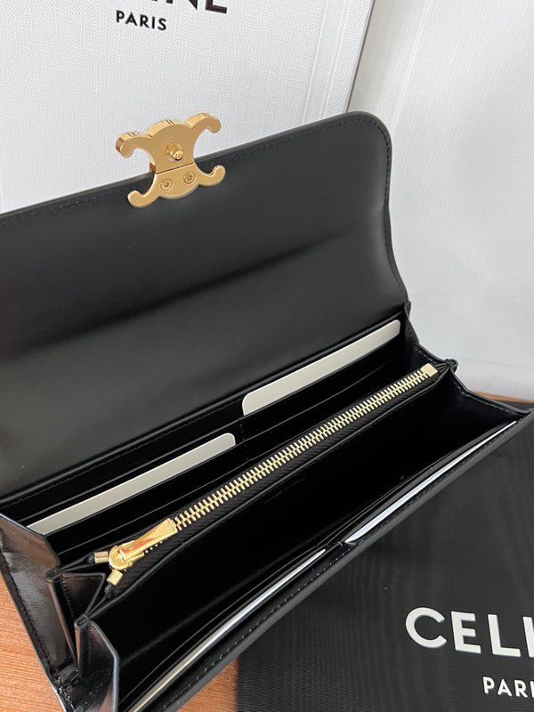 Portafoglio con patta TRIOMPHE, porta carte, 19 cm, pelle di caftano nera lucida