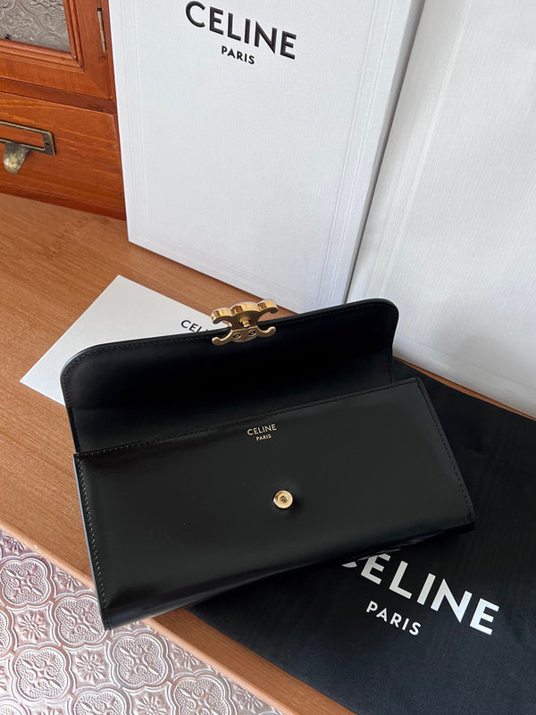 Portafoglio con patta TRIOMPHE, porta carte, 19 cm, pelle di caftano nera lucida