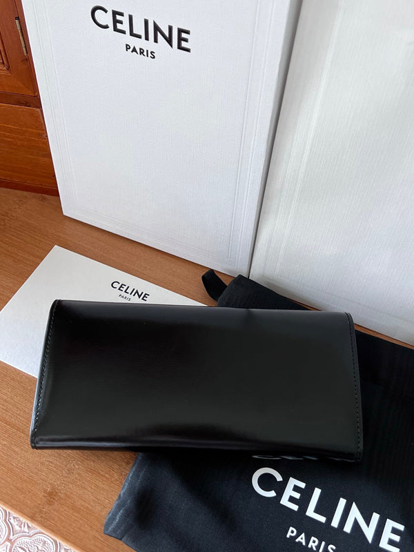 Portafoglio con patta TRIOMPHE, porta carte, 19 cm, pelle di caftano nera lucida