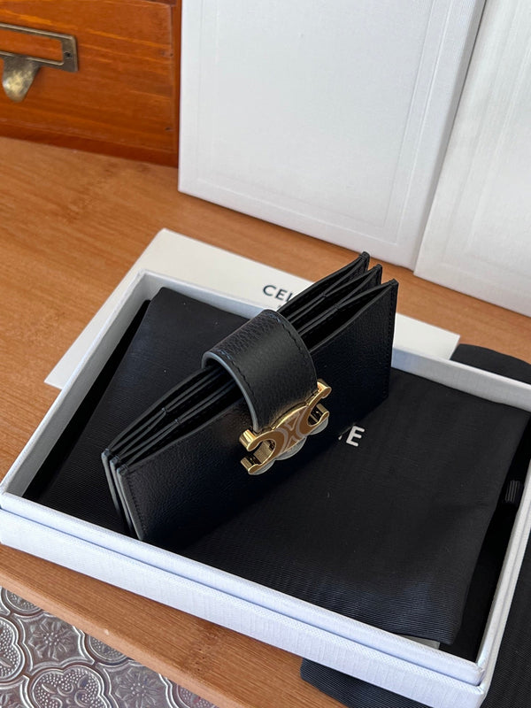 ACCORDEON 10N843 Card Holder Black Grain Cowhide GHW