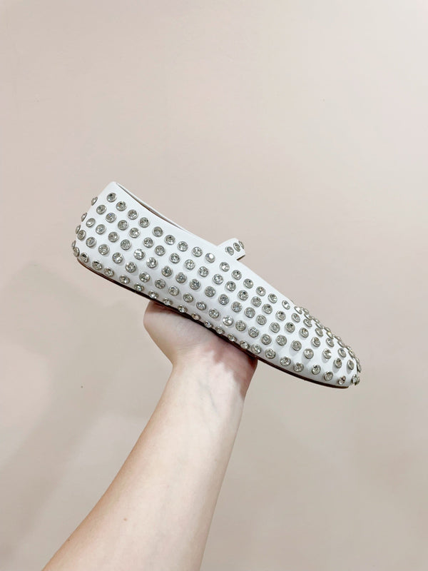 ALAIA MARY JANE SHOES IN WHITE LAMBKIN ATTACH RHINSTONES