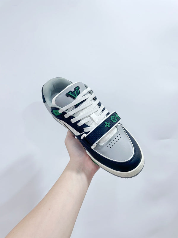 LV Trainer Sneaker Velcro Strap Green Black Cowhide