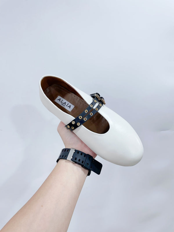 ALAIA MARY JANE SHOES IN WHITE LAMBSKIN WITH GOLD HARDWARE