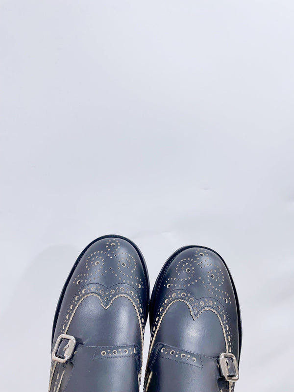 Miu-Church's Loafers Black With White Border Nubuck Leather