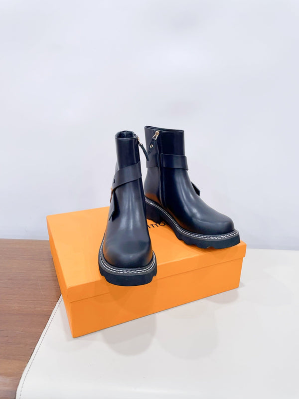 LV Beaubourg Ankle Boot Plain Black Calfskin