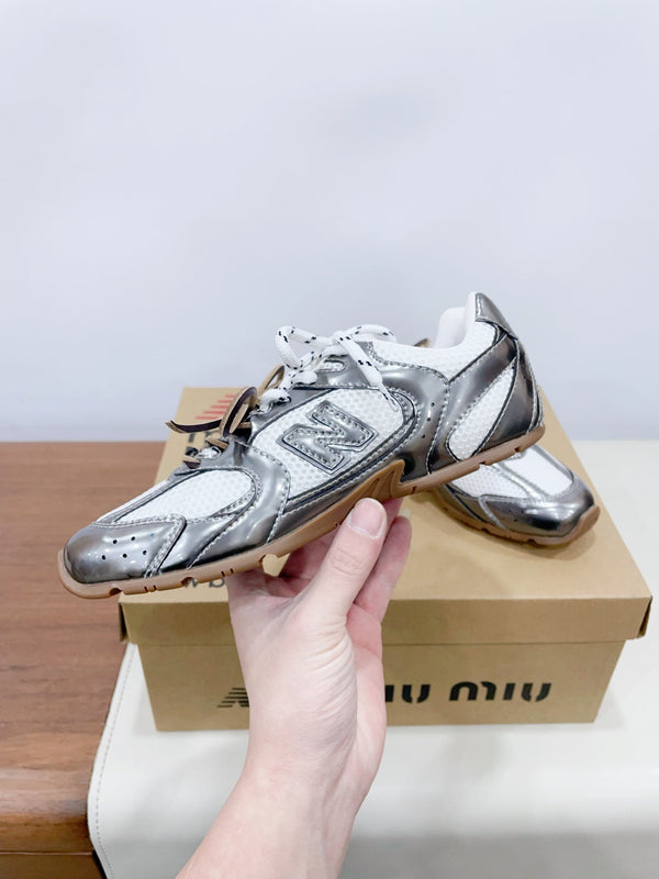 Miu x New Balance 530 Silver Patent Leather White Fabric