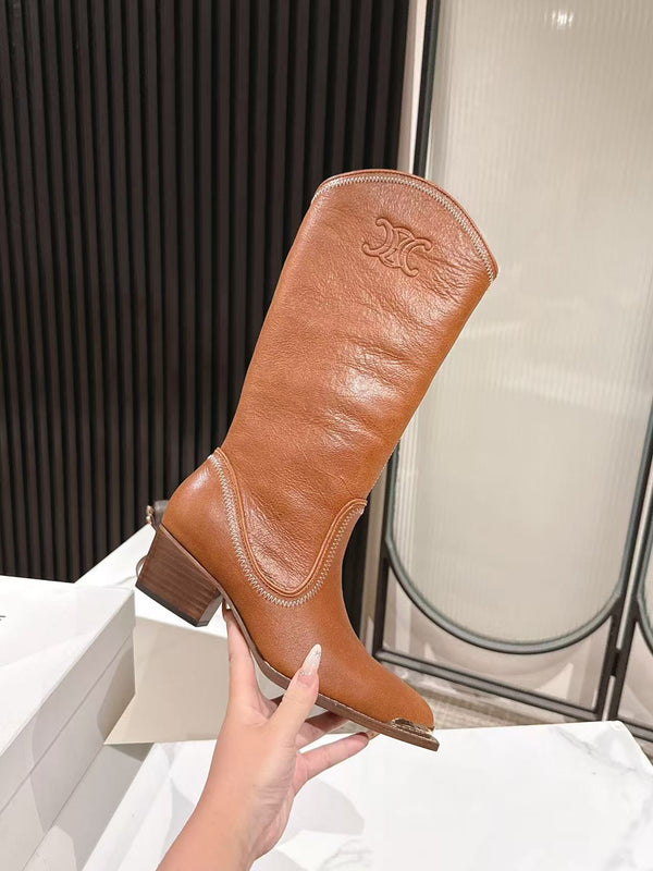 CELINE 25 Mid Calf Cowboy Boots Caramel Brown Cowhide