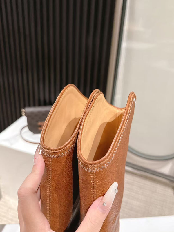CELINE 25 Mid Calf Cowboy Boots Caramel Brown Cowhide