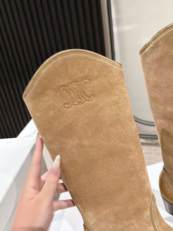 CELINE 25 Mid Calf Cowboy Boots Light Brown Suede