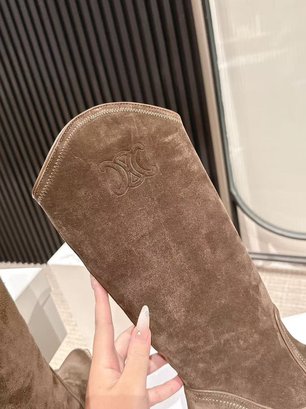 CELINE 25 Mid Calf Cowboy Boots Dark Brown Suede