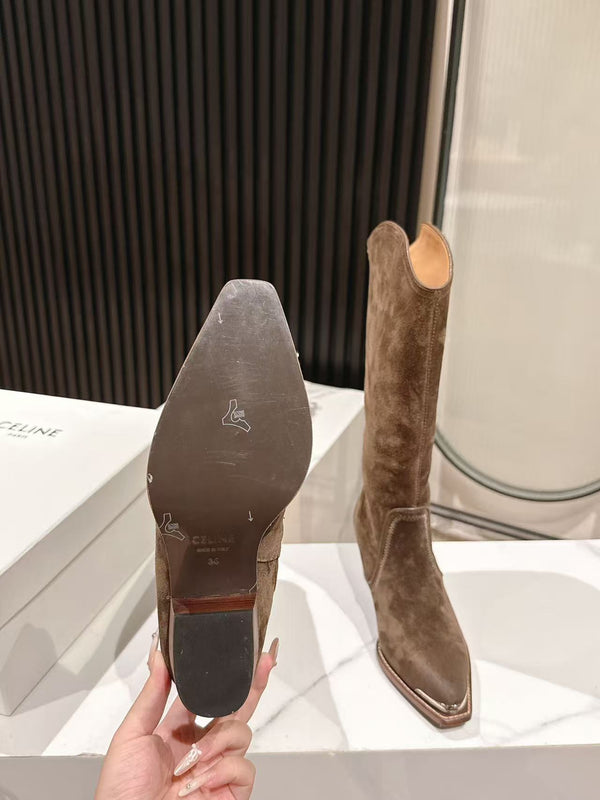 CELINE 25 Mid Calf Cowboy Boots Dark Brown Suede