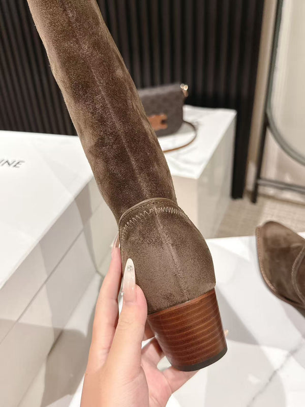 CELINE 25 Mid Calf Cowboy Boots Dark Brown Suede