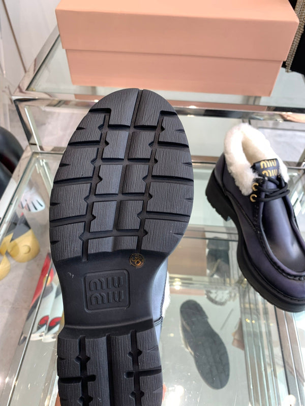 Miu Short Wool Boots Plain Dark Charcoal Open-Hemmed Cowhide