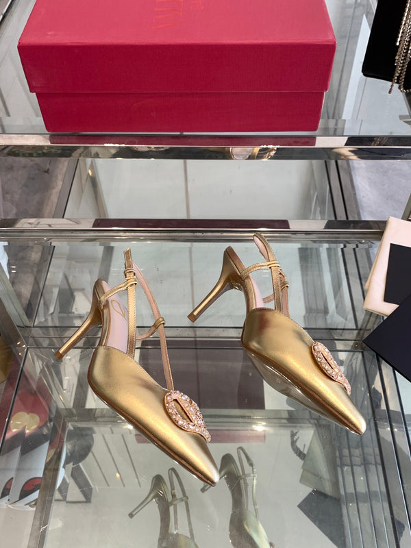 VT 25 Slingback con tacco alto in pelle di vacchetta dorata 292345