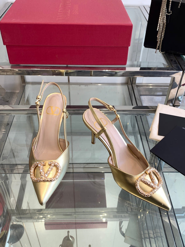 VT 25 Slingback con tacco alto in pelle di vacchetta dorata 292345
