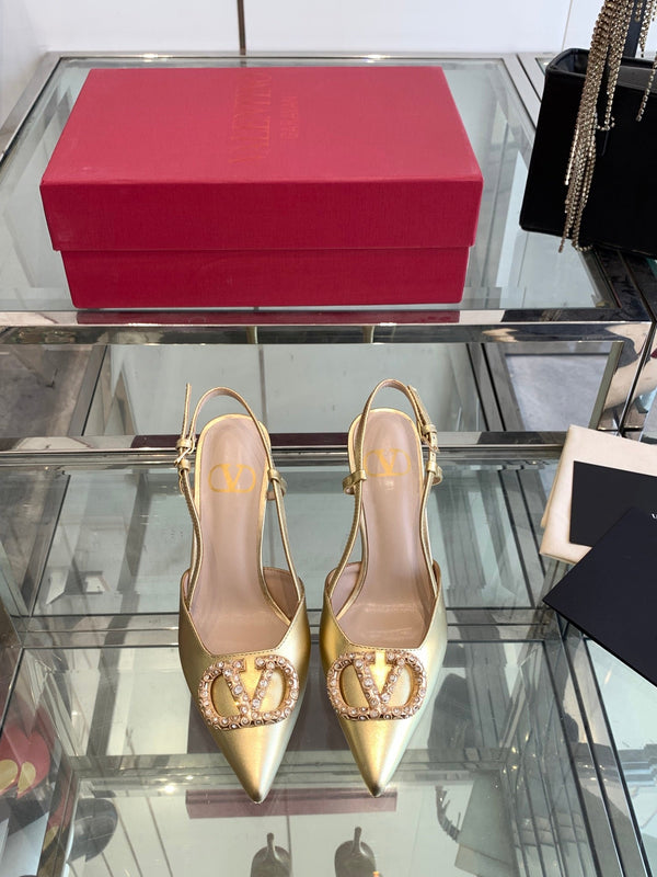 VT 25 Slingback con tacco alto in pelle di vacchetta dorata 292345