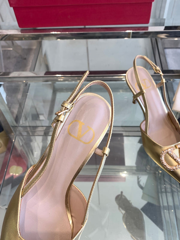 VT 25 Slingback con tacco alto in pelle di vacchetta dorata 292345