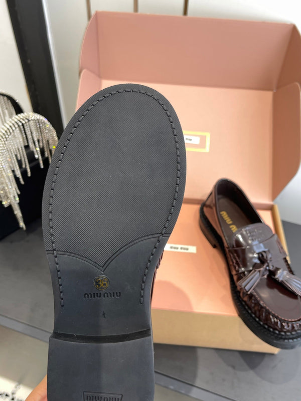 Miu Tassel Loafers Dark Brownish Polished Leather 490952