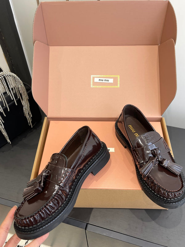 Miu Tassel Loafers Dark Brownish Polished Leather 490952