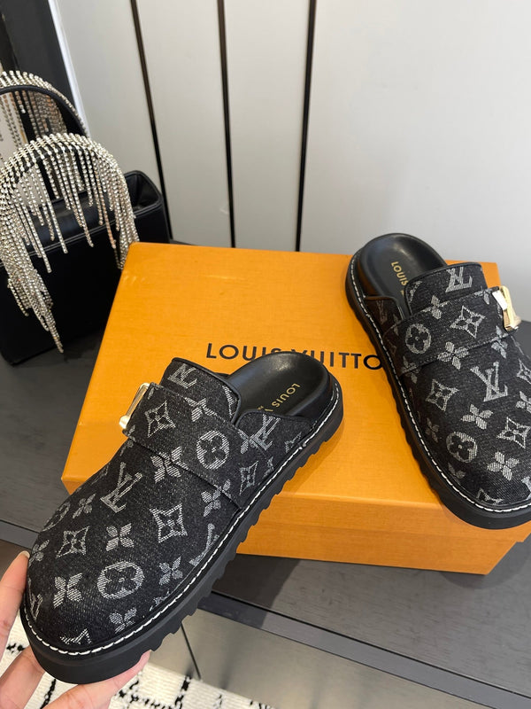 LV Cosy Comfort Mule Sandals Black Gold Denim Monogrammed 533457