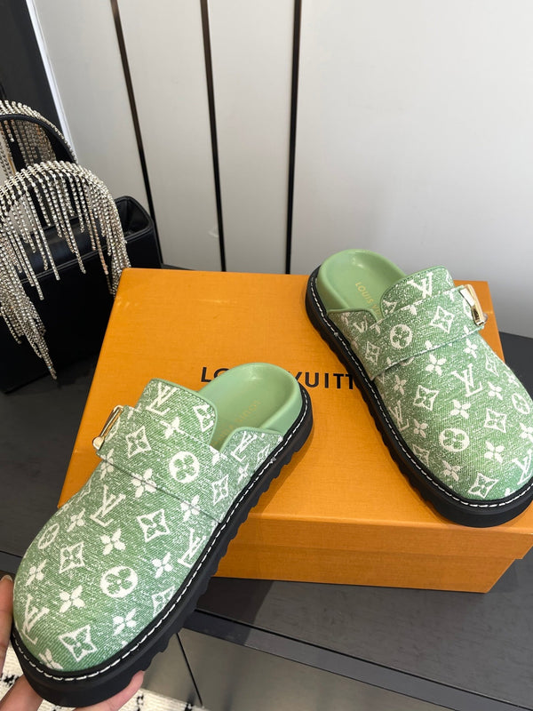 LV Cosy Comfort Mule Sandals Green Gold Denim Monogrammed 533458