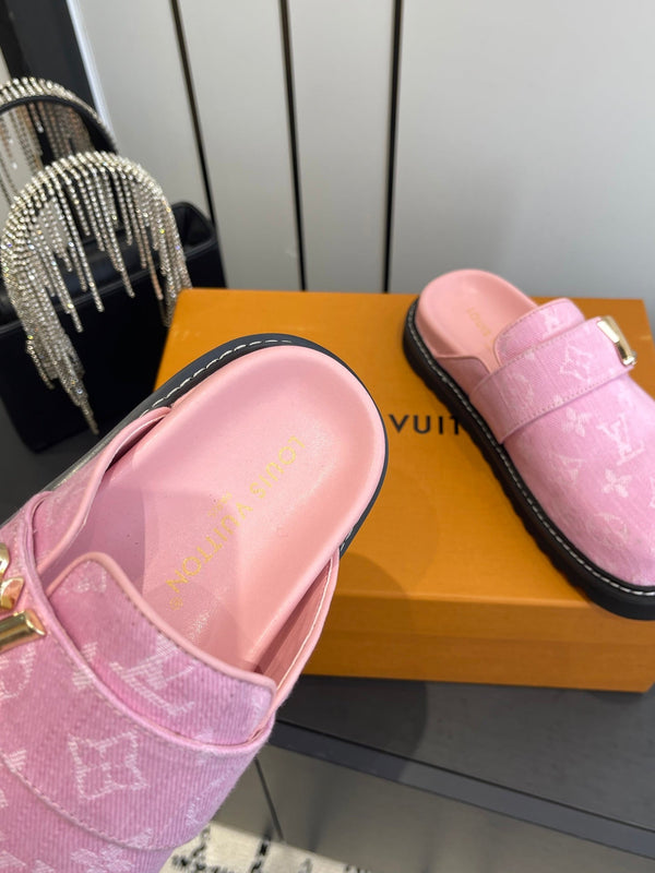 LV Cosy Comfort Mule Sandals Pink Gold Denim Monogrammed 533459