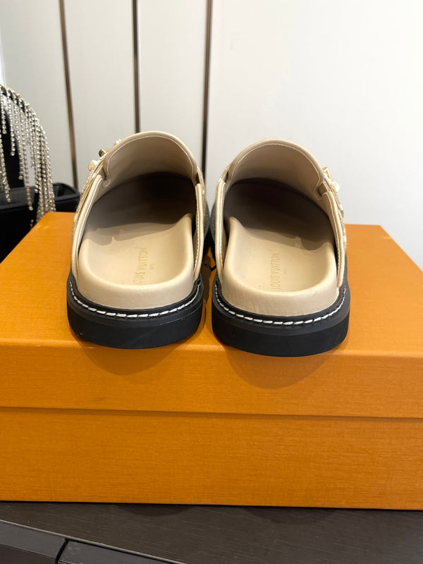 LV Cosy Comfort Mule Sandals Beige Gold Denim Monogrammed 533460