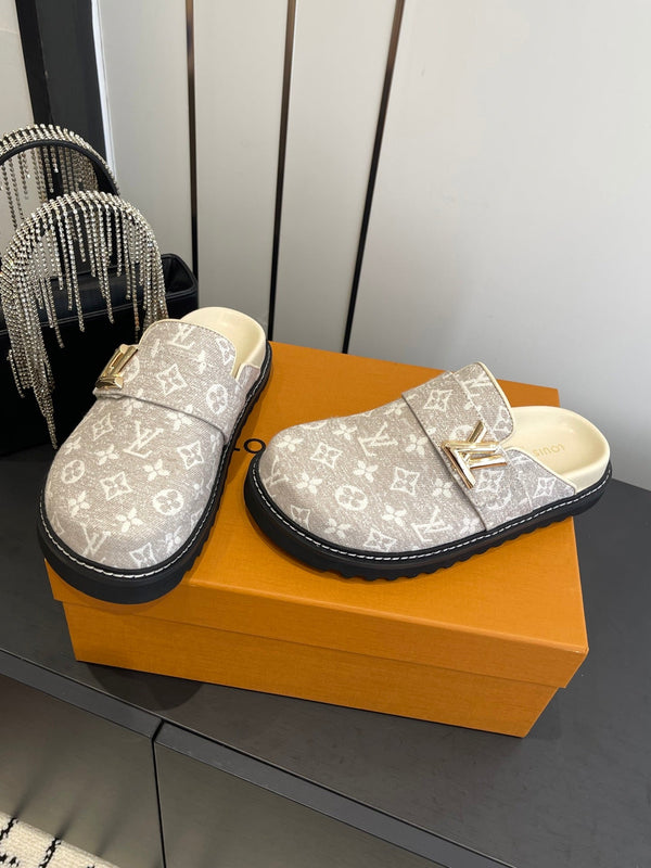 LV Cosy Comfort Mule Sandals Lighe Beige Gold Denim Monogrammed 533462