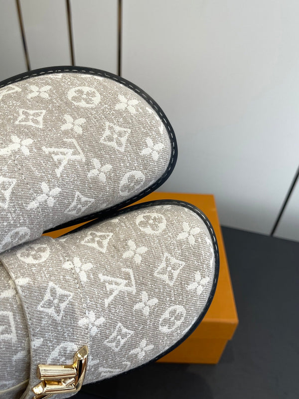 LV Cosy Comfort Mule Sandals Lighe Beige Gold Denim Monogrammed 533462