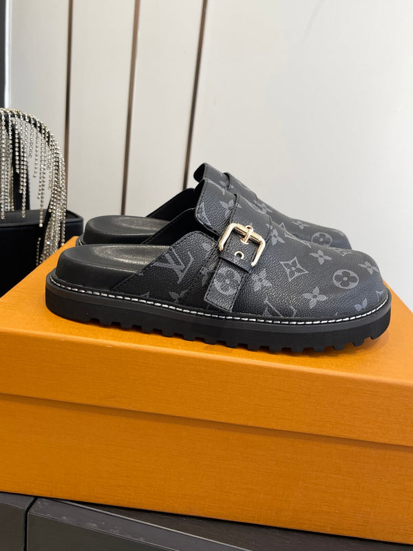 LV Cosy Comfort Mule Sandals Black Gold Denim Leather 533463