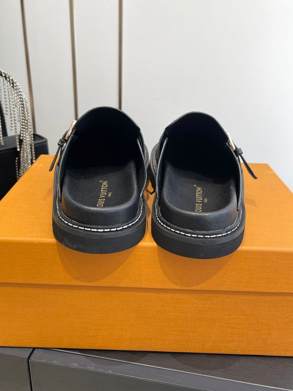 LV Cosy Comfort Mule Sandals Black Gold Denim Leather 533463