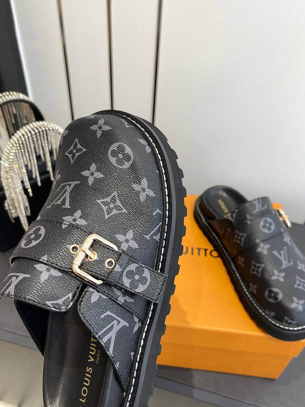 LV Cosy Comfort Mule Sandals Black Gold Denim Leather 533463