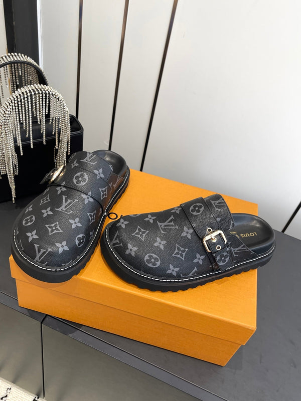 LV Cosy Comfort Mule Sandals Black Gold Denim Leather 533463